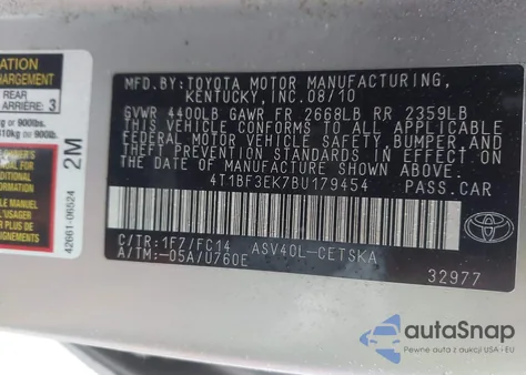 2011 Toyota Camry Se из США, поврежденный, VIN 4T1BF3EK7BU179454